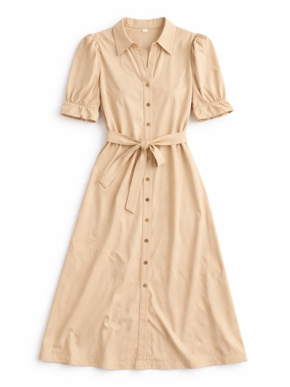 Sharagano Tan Belted Puff Sleeve Midi Shirt Dress 14 NWT Fall Workwear